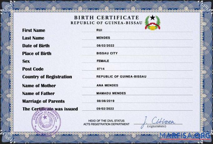 Printable Guinea Bissau birth certificate PSD template